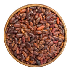 kidney bean in a wooden cup on a transparent background. Isolated object, top view. Element for design