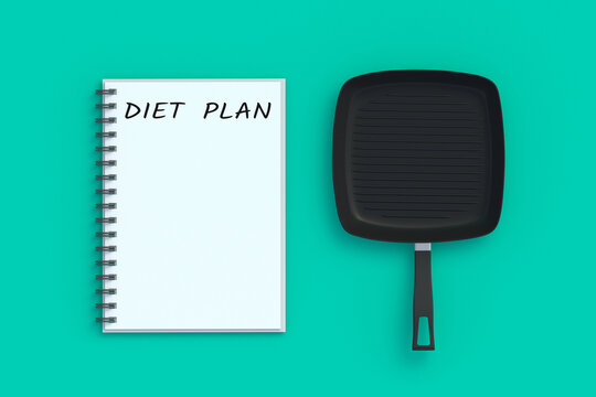 Inscription diet plan on notepad near fry pan. Healthy eating. Calorie control. Nutritionist consultation. Meal schedule. Slimming concept. Top view. 3d render slimming
