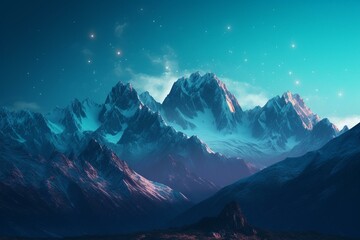 Bright blue glowing mountains with snow-capped summits, cinematic. Generative AI