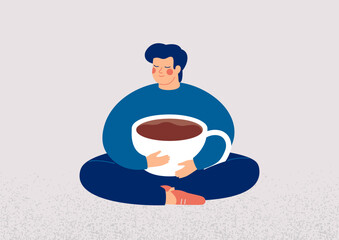 Young man embraces a big cup of coffee with enjoyment. Smiling guy sits in lotus pose with closed eyes and holds mug of cacao. Body positive and healthy eating habits concept. Vector illustration