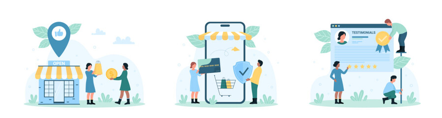 Online retail shop set vector illustration. Cartoon tiny people holding approval seal for store with quality guarantee, credit card and security shield for shopping with mobile app on phone screen