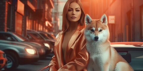 Fashion woman Influencers with shiba inu dog. Generative AI
