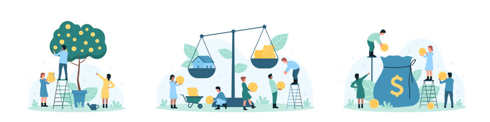 Money savings, investment and profit set vector illustration. Cartoon tiny rich people save gold coins in bag to invest, collect cash from tree, real estate investors weigh house on balance scale