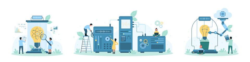 Science idea development set vector illustration. Cartoon tiny people scientists research light bulb with magnifying glass and robots, work with laboratory equipment over creative lab experiment