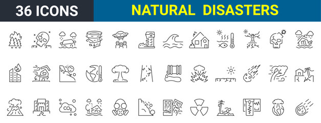 Natural disasters, pollution, related to evacuation, Apocalypse. editable stroke icons Vector illustration