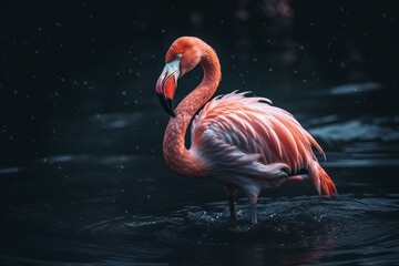 A flamingo with pink feathers standing in the water. Generative AI