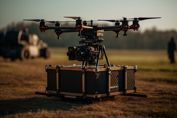 Autonomous aerial device carrying package. Generative AI