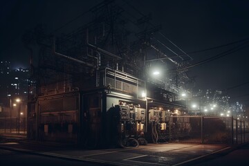 Plakat Nighttime scene of power substation. Generative AI