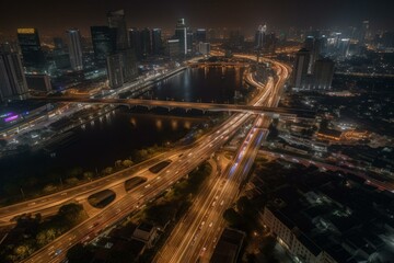 Fototapeta na wymiar Timelapse of buzzing Bangkok featuring BTS, highway, river and IconSiam. Generative AI