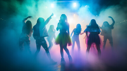 a group of teens seen as vague shapes in a club with neon colors and fog - created by generative ai - obrazy, fototapety, plakaty
