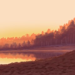  landscape sky outdoor tree beautiful orange morning sunrise sunset sun yellow  red cloud forest park color dawn illustration over the lake