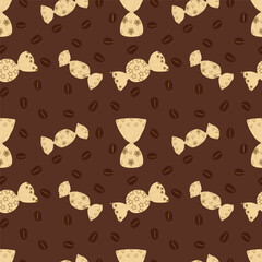 A set of seamless backgrounds with coffee beans and candies, sweets. Vector graphics.