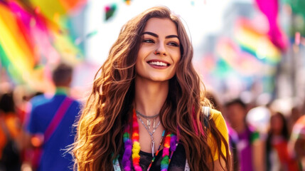 Pride June. Amidst rainbow hues, a  LGBTQ+ girl beams with joy, united with others in vibrant pride, celebrating individuality and love at a colorful event. Generative AI