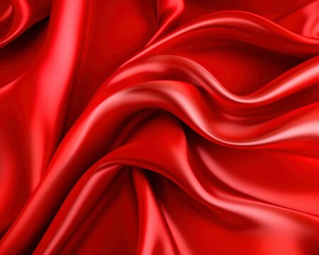 An elegant red silk satin curtain serves as a luxurious background for various designs. The soft folds and shiny, smooth flowing fabric create a wavy texture, perfect for Christmas, Valentine's Day, a