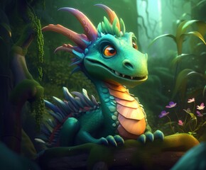3D Cartoon Green Dragon in the forest - Vibrant and Realistic Illustration - Generative AI