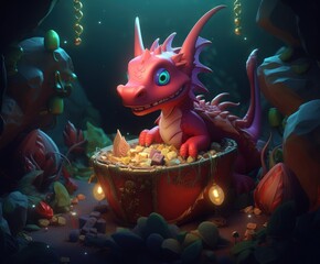 3D Cartoon Red Dragon on Treasure Chest - Vibrant and Realistic Illustration - Generative AI