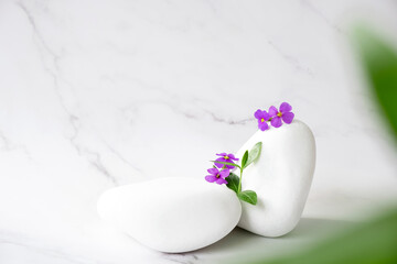 Obraz na płótnie Canvas White stones and purple flower on marble background with green leaves in defocus. Natural white rock product display pedestal podium to show environmentally friendly product, sustainability concept.