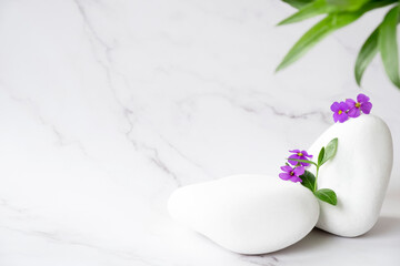 SPA background concept. White stones and purple flower on marble background and green leaf in defocus. Body care and beauty treatment. Spa and wellness or beauty salon concept. Copy space.