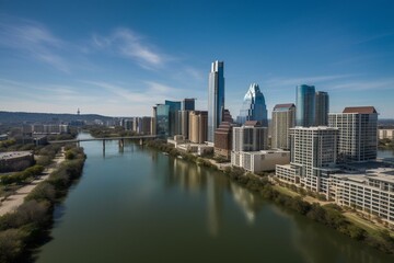 Fototapeta na wymiar Gradual ascent of Austin skyline above Colorado River. Generative AI