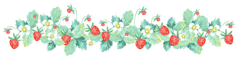 Sweet Strawberry Clipart, wildflowers boarders. Vegetarian, Vegan, Farming, Healthy Food, Gardening, Garden, Village, Eco. Isolated element on a white background. Hand painted in watercolor