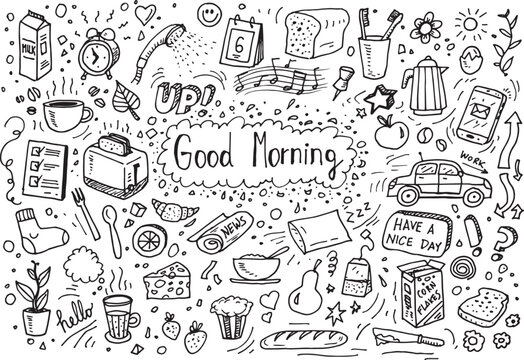 Good morning vector hand drawing elements, doodles on white paper