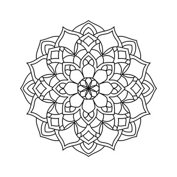 Floral mandala style with black line, circular shape on white background, motif, ethnic drawing. For coloring book, decoration, tattoo, wallpaper, card, sticker, vector illustration.