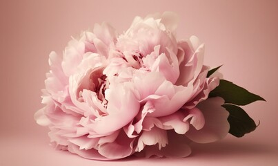  a large pink flower on a pink background with a green leaf.  generative ai