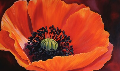  a painting of an orange flower with black stamens.  generative ai