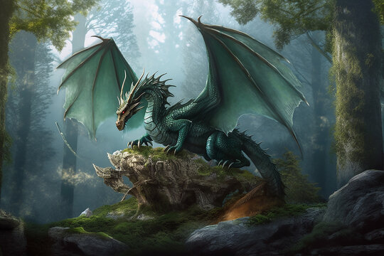 forest dragon sits on a rock in the forest. AI Generated.