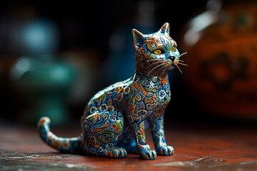 Small porcelain cat figurine. Multicolored ceramic figurine of kitten. Generative AI - obrazy, fototapety, plakaty