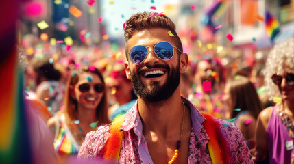 Fototapeta na wymiar At a vibrant June pride event, a spirited gay man revels in the celebration, surrounded by rainbow hues, diverse attire, and the joyful unity of the LGBTQ+ community. Generative AI