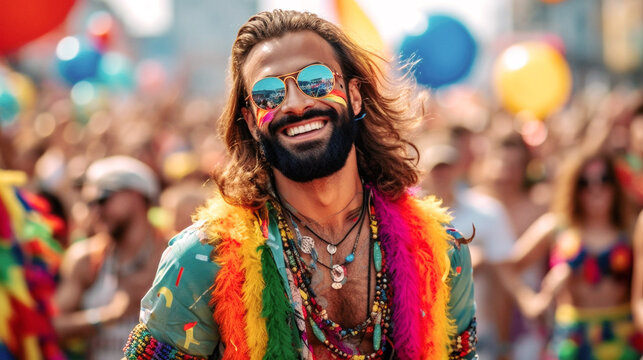 At a vibrant June pride event, a spirited gay man revels in the celebration, surrounded by rainbow hues, diverse attire, and the joyful unity of the LGBTQ+ community. Generative AI