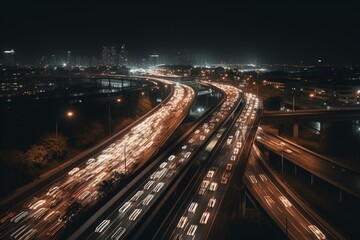 Fototapeta na wymiar Nighttime traffic on a freeway. Generative AI