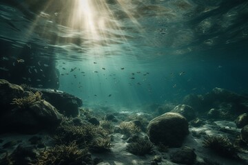 Fototapeta na wymiar Green sea with fish. Generative AI