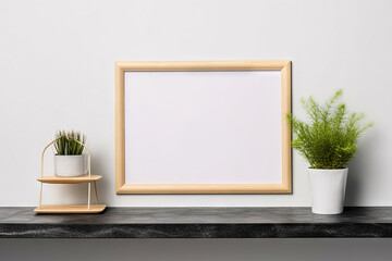 horizontal blank frame on the wall with trendy plant on a marble table