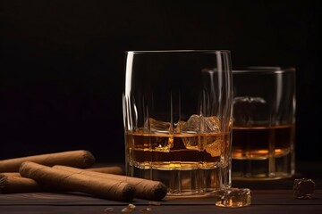 illustration, glass of whiskey with cigars, ai generative