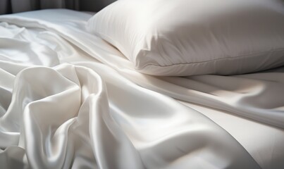  a bed with a white comforter and pillows on top of it.  generative ai