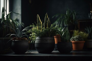 Potted indoor plants sit on a desk. Generative AI