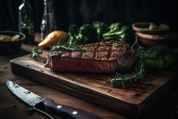 Grilled steak & broccoli with rosemary on a board, viewed from the side. Generative AI