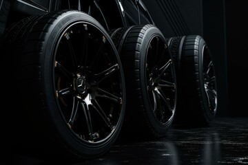 Fototapeta na wymiar 3D illustration of all-black wheels against a black background. Generative AI