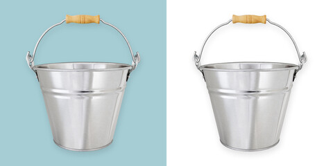 Metal garden vintage bucket with wooden handle, tool equipment for gardening or decorating flower arrangements for potting plants, front view isolated on white and light blue background