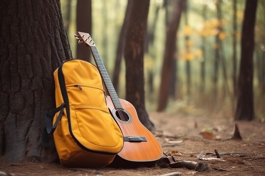 illustration, backpack and guitar in the forest, generative ai