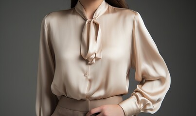  a woman wearing a beige blouse and a tie around her neck.  generative ai
