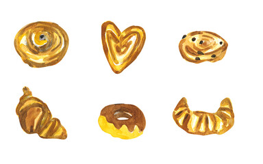 Bakery and cookies watercolor elements set. Food