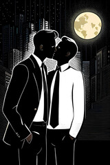 Gay men kissing in the moonlight