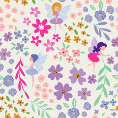 Spring flowers and fairies seamless pattern design for kids fashion artwork, children books, paper, prints, greeting cards, wallpapers.