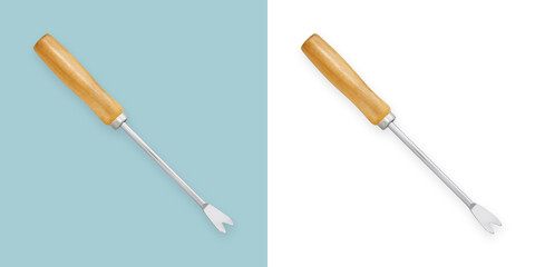 Garden weed removal hand tool with wooden handle. Top view isolated on white background. Gardening equipment for deeper digging and removing invasive weeds, planting, potting and weeding.