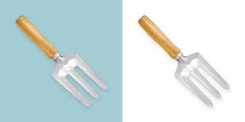 Garden hand weeder fork tool with wooden handle for planting and weeding jobs, mulch, transplanting, cultivating the soil around plants gardening and potting. Isolated top view on white background.