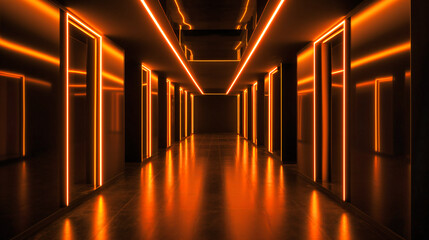 Corridor Space dexorated with Neon Lights in Orange and Black