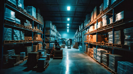 A warehouse with various kinds of supplies waiting in shelves - obrazy, fototapety, plakaty